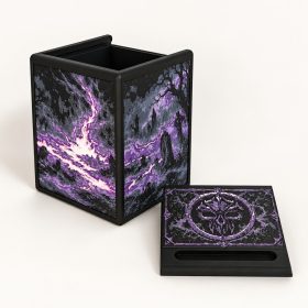 Black Crafted Loot Commander deck box with original purple artwork, magnetic lid and card display