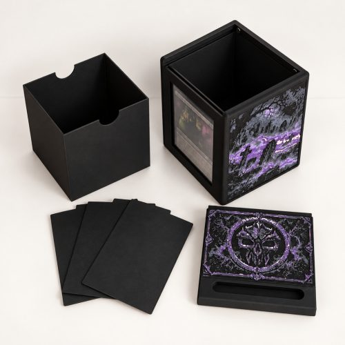 Black Commander deck box components showing the separate lid and removable inner card holder