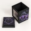 Open black Commander deck box showing the internal card storage compartment and original purple artwork