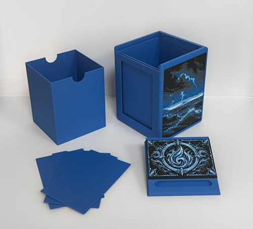 Blue Commander deck box with separate components, removable inner card holder and lid