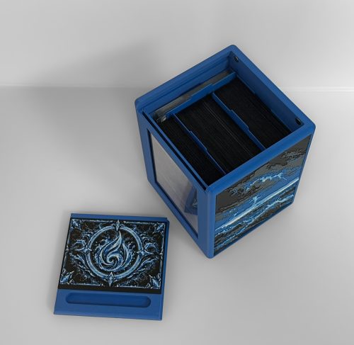 Open blue Commander deck box showing the internal card storage compartment and original artwork