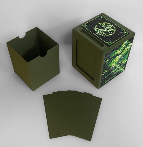 Green Commander deck box components and dividers for organising trading cards.