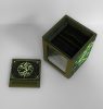 Open green Commander deck box showing the internal card storage compartment and separate lid.