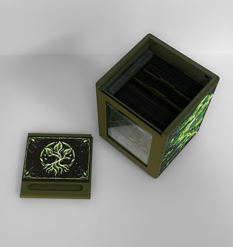Open green Commander deck box showing the internal card storage compartment and separate lid.