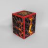 Closed red Commander deck box with black and red lava-inspired artwork and a matching top panel.