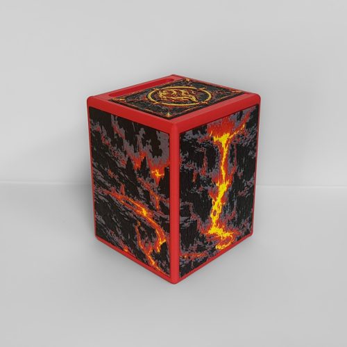 Closed red Commander deck box with black and red lava-inspired artwork and a matching top panel.