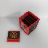 Open red Commander deck box showing the internal card storage compartment and separate display component.