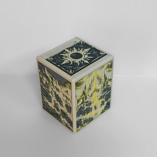 Closed white Commander deck box with original gold artwork and magnetic lid
