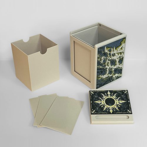 White Commander deck box components showing the separate lid and removable card holder