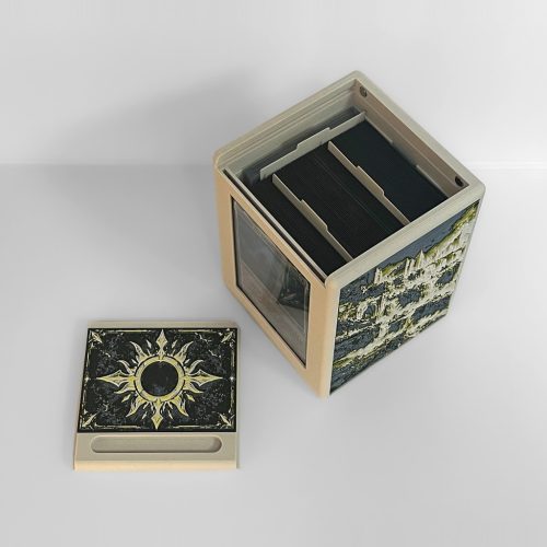 Open white Commander deck box showing the internal card storage compartment and original gold artwork