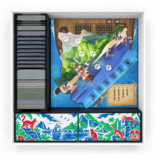 The Isle of Cats board game organizer placed inside the game box